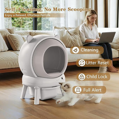 Self Cleaning Litter Box, Automatic Cat Litter Box for Multiple Cats, Auto Litter Box Robot with APP Control, Dual Safety Sensors, Odor Control&Low Noise, Cat Ears Design, Ivory White