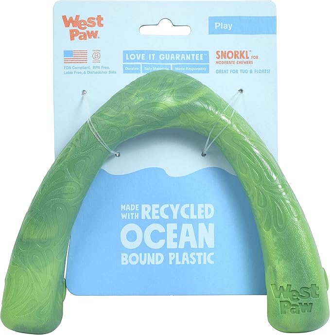 WEST PAW Seaflex Snorkl Dog Tug Chew Toy for Moderate Chewers, Made in USA, 8.25" Large, Green