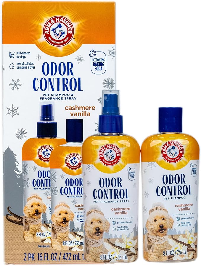 Arm & Hammer Odor Control Pet Deodorizing Set, Holiday Edition: Includes Dog Shampoo, 8FL OZ + Bath Spray, 8FL OZ, Cashmere Vanilla Scent