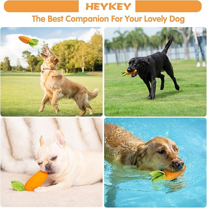 HEYKEY Dog Squeaky Chew Toys, Indestructible Suitable for Aggressive Chewers, Durable Natural Rubber Carrot Dog Toys Milk-Flavored Dog Teeth-Cleaning Toy for Puppy Medium Large Dogs, Orange