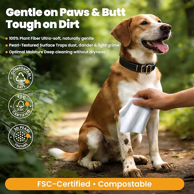 400 Count Dog Wipes & Cat Wipes (8x50 Packs) | Hypoallergenic, pH Balanced for Paws, Body, Face & Grooming |All-Natural Plant Fiber Wipes with Aloe, Coconut Oil & Vitamin E |Pearl Texture
