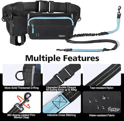 Hands Free Dog Leash 2 Dogs, Adjustable Waist Leash for Dog Walking with Dual Bungees Padded Handle, Shock Absorbing Hands Free for Small Medium-Sized Dogs Outdoor Activities, Black+Blue