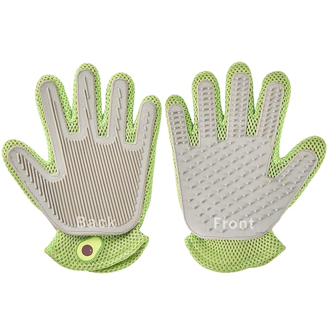 PetPals Single Pet Hair Removal Grooming Glove, Suitable for Long and Short-Haired Dogs and Cats. Double-Sided Function with Pet Hair Removal and Cleaning for Furnitures. Green