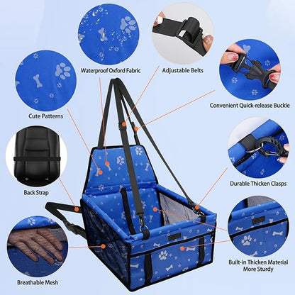 PetsHome Dog Car Seat Foldable Dog Car Booster Seat Waterproof Breathable Oxford Travel Bag for Small to Medium Dogs, Puppies, and Pets-Pattern Blue+Mat