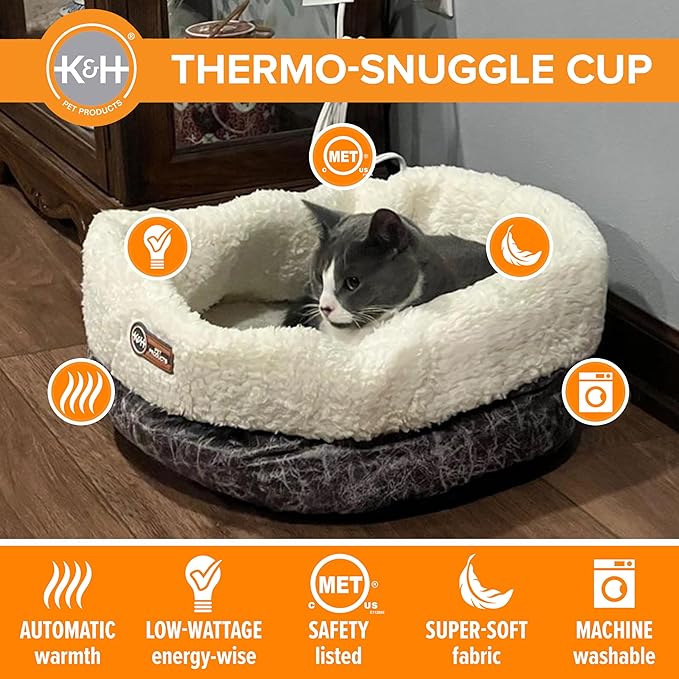 K&H Pet Products Heated Cat Bed Indoor, Thermo-Snuggle Cup Bomber Soft Heated Pet Bed for Large Indoor Cats and Small Dogs, Machine Washable, Waterproof Heated Pad, Safety Listed - 18 X 14in Gray