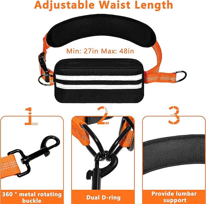 Hands Free Dog Leash with Zipper Pouch, Running Waist Leash for Dog Walking, Adjustable Waist Belt for Large Dogs, Reflective Bungee Design with Two Handle for Hiking, Training, Orange