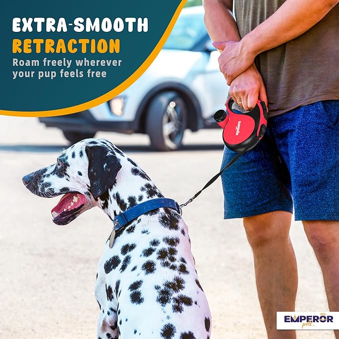 Emperor Pets 16 ft Retractable Dog Leash Red - Heavy Duty Retractable Pet Leash with Anti-Slip Grip for Medium to Large Dogs up to 110 lbs -Aura BR16