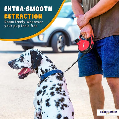 Emperor Pets 26 ft Retractable Dog Leash Red - Heavy Duty Retractable Pet Leash with Anti-Slip Grip for Medium to Large Dogs up to 110 lbs -Aura BR26