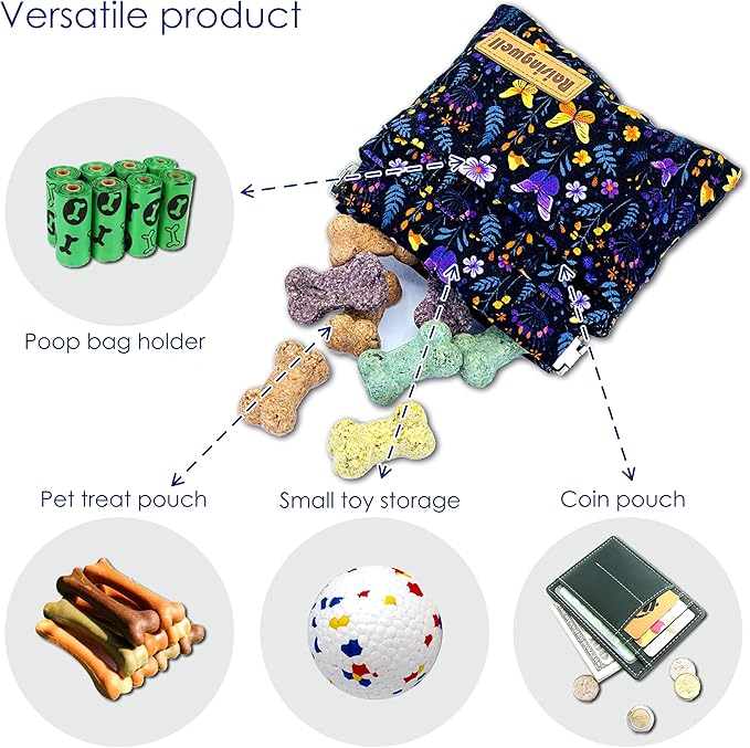 Raisingwell Dog Treat Pouch, Pocket Sized Pet Training Pouch, Cotton Fabric, Hand Free Purple Flower Dog Walking Bag with Carabiner, Self-Closing Pet Feed Snack Reward, for Puppy Travel or Outdoor Use