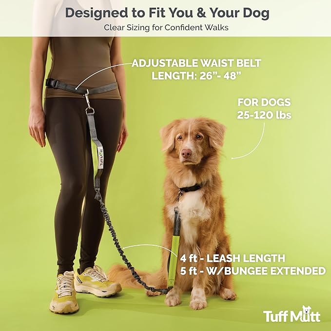 Tuff Mutt Hands-Free Waist Leash for Dog Walking, Running and Hiking, Adjustable Belt with Double Handle, Reflective Bungee Design for Large & Medium Dogs