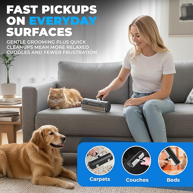 Ultimate Pet Hair Remover Kit – Pet Hair Removal Glove + Lint Roller Brush + Deep-Removal Tool – for Sofa, Furniture & Car Seats – Dog Grooming Gloves for Shedding, Dogs & Cats