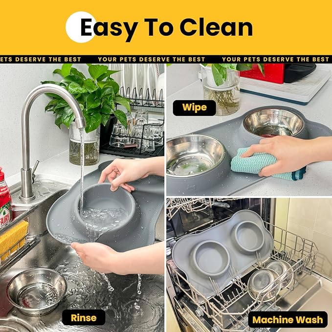 Medium Pet Feeding Station, 29oz Stainless Steel Dog Bowls Set, No Spill Food & Water Dishes with Non Slip Silicone Mat for Breeds Up to 55 Lbs, Grey