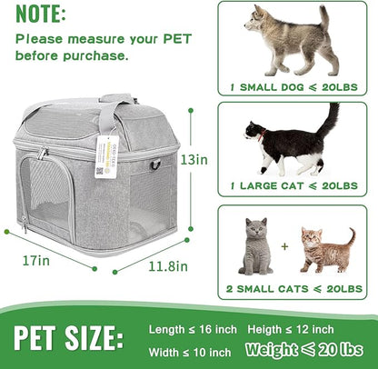 Large Cat Carrier for 2 Cats, Soft Side Pet Carrier for Cats Small Dog, Collapsible Travel Dog Carrier Bag TSA Airline Approved Dog Carrier Backpack,Grey
