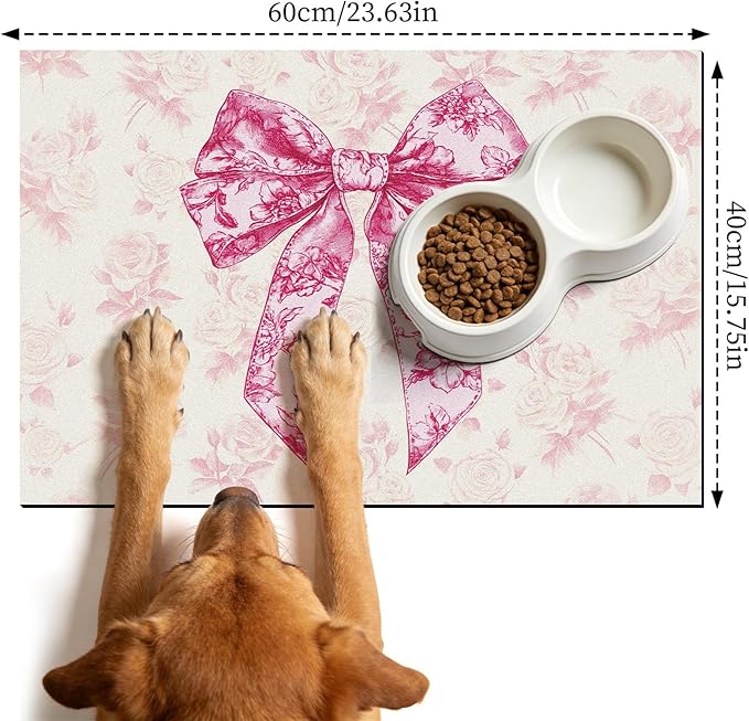 Dog Bowl Mat for Food and Water - Hamdwerk Absorbent Anti Slip Cat Feeding Mats for Floors, Quick Dry Pet Dog Feeding Matts, Diatomite Pet Dish Placemat Supplies, Coquettee Bow Style, 16 * 24in