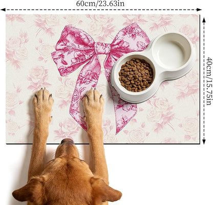 Dog Bowl Mat for Food and Water - Hamdwerk Absorbent Anti Slip Cat Feeding Mats for Floors, Quick Dry Pet Dog Feeding Matts, Diatomite Pet Dish Placemat Supplies, Coquettee Bow Style, 16 * 24in