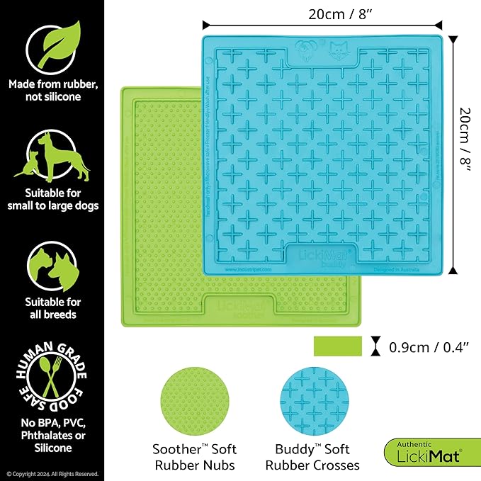 LickiMat 8"X8" Pack of 2 Classic Soother & Buddy Dog Slow Feeders Lick Mat Boredom Anxiety Reduction Perfect for Food Treats Yogurt Peanut Butter Fun Alternative to Slow Feed Dog - (Green & Turquoise)