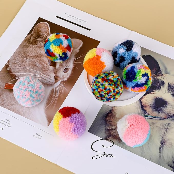 8 Pcs Colorful Cat Pom Pom Toys - 2-inch Interactive Plush Balls for Cats and Kittens - Assorted Colors, Woolen Yarn