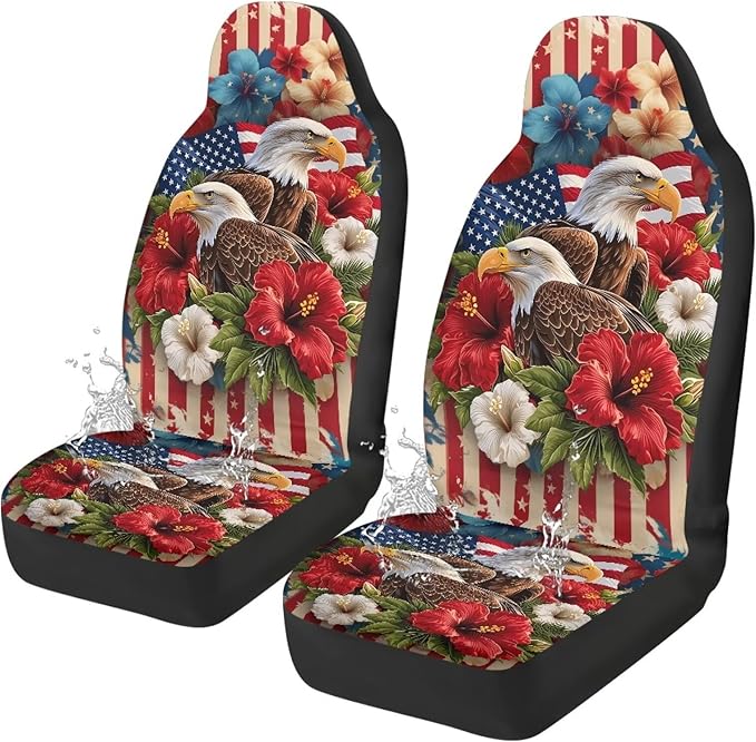 Car Seat Covers Waterproof Hibiscus Eagle Patriot Car Seat Cover for Front Seat Set of 2 Washable Cover Anti-Slip Back Fabric Easy to Install Universal Fit Most Cars
