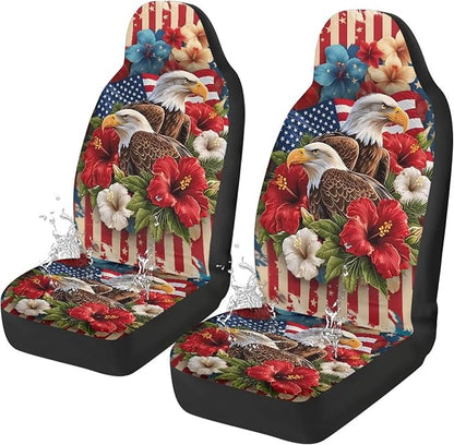 Car Seat Covers Waterproof Hibiscus Eagle Patriot Car Seat Cover for Front Seat Set of 2 Washable Cover Anti-Slip Back Fabric Easy to Install Universal Fit Most Cars