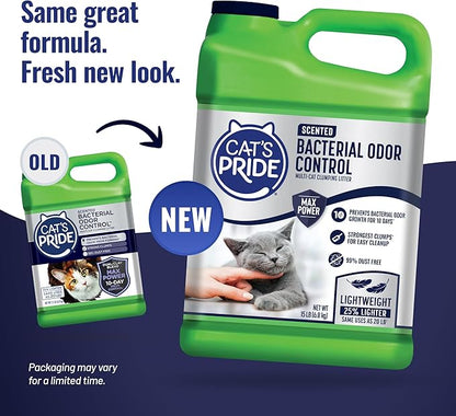 Cat's Pride Max Power: Bacterial Odor Control - Up to 10 Days of Powerful Odor Control - Strong Clumping - 99% Dust Free - Multi-Cat Litter, Scented, 15 Pounds