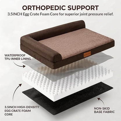 Patas Lague Orthopedic XL Dog Bed Large Sized Dog 42''X28'', Waterproof L Bolster Big Large Pet Sofa Beds with Removable Washable Cover, Soft Comfortable Pet Couch Crate Mat with Nonskid Bottom, Brown