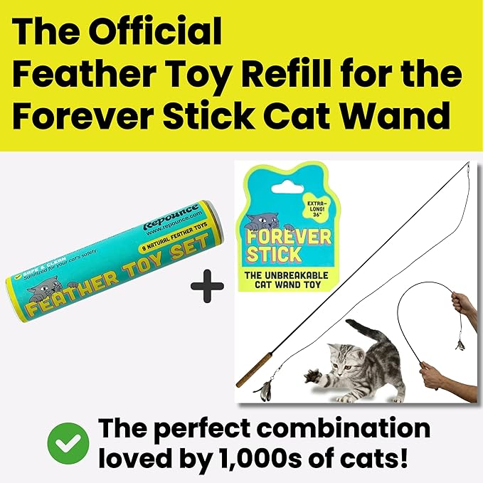 Cat Feather Toy Refill 9-Pack - Natural Feather Cat Toy - Small Size Cat Wand Attachments - Official Cat Toy Feather Replacement for Forever Stick Cat Wand Toy - Cat Wand Refill - Cat Lure and Teaser
