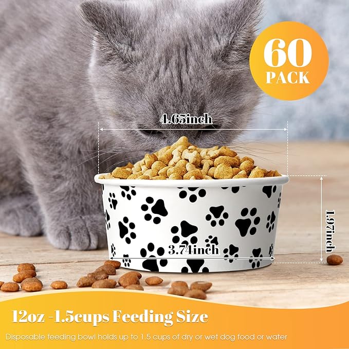 60 Pieces Disposable Pet Bowls, Paper, Small Dog Bowls with Cute Pattern, Suitable for Dry and Wet Food, Picnic, Camping, Travel