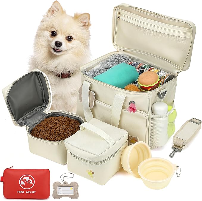 Pet Travel Bag, Large Beige Dog Carrier with Multiple Compartments and Adjustable Straps, Dog Suitcase for Weekend Camping, Pet Diaper Bag for Travelling(Beige)