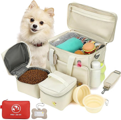 Pet Travel Bag, Large Beige Dog Carrier with Multiple Compartments and Adjustable Straps, Dog Suitcase for Weekend Camping, Pet Diaper Bag for Travelling(Beige)