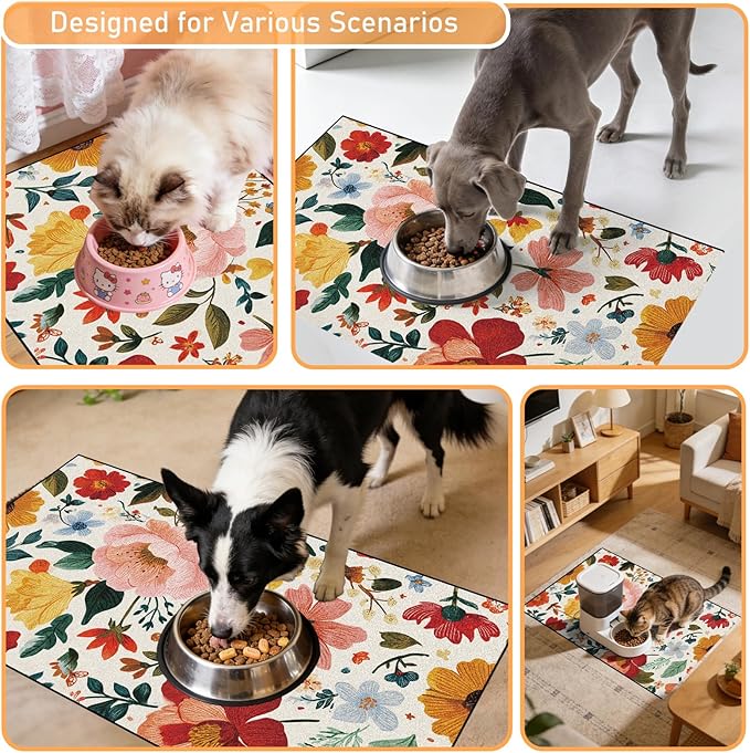 Pet Dog Cat Food Mat - Hamdwerk Absorbent Dog Bowl Mats for Food and Water, Anti Slip Cat Bowl Feeding Placemat for Floors, Quick Dry Diatomite Pet Dish Matts Supplies, Floral Style, 17 * 30in