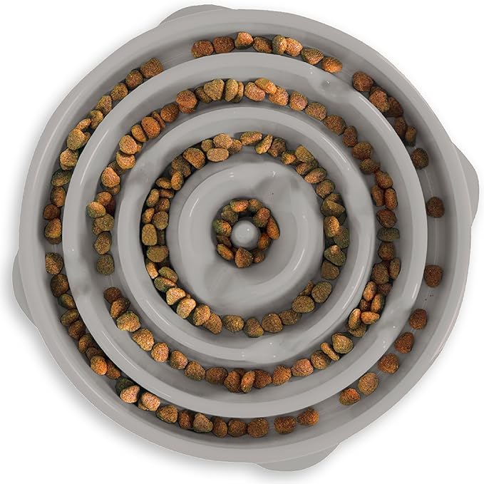 Outward Hound Fun Feeder Slo Bowl – Large 4‑Cup Capacity, Slow Feeding, Medium to Large Dogs, Non‑Slip, Gray, Drop Pattern