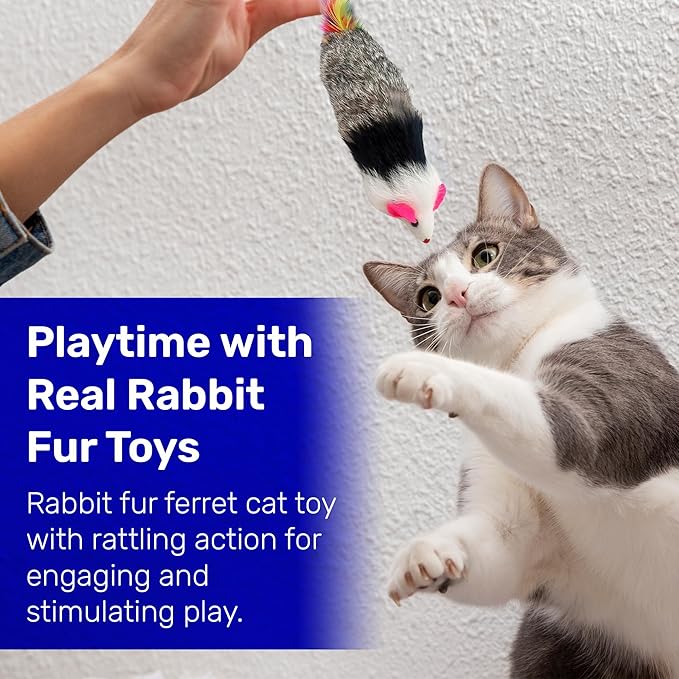 Kats'N Us Dat Darn Ferret with Feathers Real Rabbit Fur Cat Toy- Furry Cat Toys, Cat Stuffed Animal, Cat Entertainment for Indoor Cats and Kittens, Interactive Cat Toys - 10 Inches
