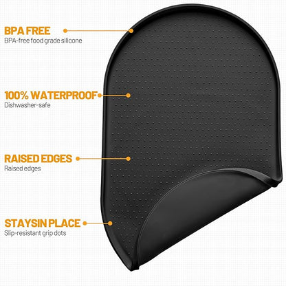Hubulk 100% Waterproof Silicone Pet Feeding Mat with Raised Edge for Food and Water, Dog Bowl Mats, Cat Bowls Placemat with High Lip Protects Floor for Cats and Dogs (Black, 16" L x 10" W)