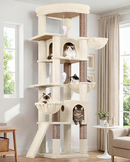 Globlazer Extra Large Cat Tree, 78 inch Sturdy Tall Cat Tree Tower for Indoor Multiple Large Adult Cats Kittens with 6 Scratching Posts, Enlarged Top Perch, 2 Padded Condos, S78G, Beige