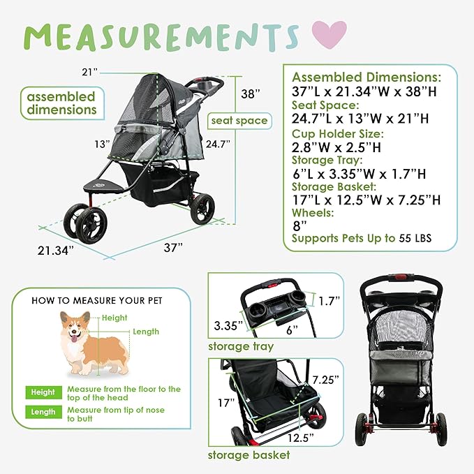 Petique Revolutionary Durable Pet Stroller, Easy Fold, Quality mesh Windows, Large Storage Basket, Secure Cup Holder Tray, Small/Medium Dogs, Cats and Pets, Supports up to 55LBS - Galaxy (Gray)