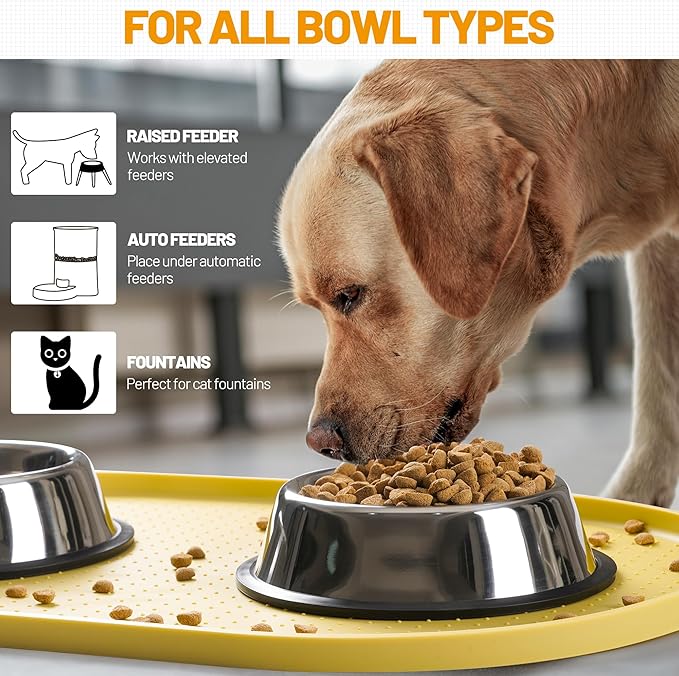 Hubulk 100% Waterproof Silicone Pet Feeding Mat with Raised Edge for Food and Water, Dog Bowl Mats, Cat Bowls Placemat with High Lip Protects Floor for Cats and Dogs (Yellow, 32" L x 24" W)