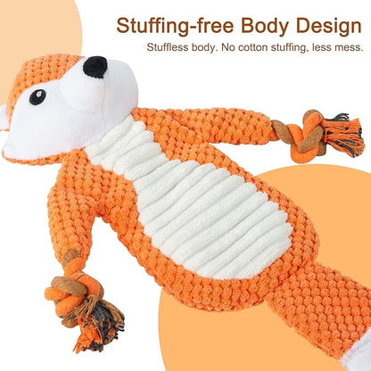 No Stuffing Squeaky Dog Toys Plush Chew Toy for Small Medium Puppy Large Breed, Stuffless Cute Animal Plush Toy for Indoor Play, Tough Durable Teething Interactive Gift, Fox,Red