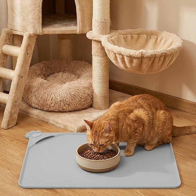 Silicone Pet Food Mat Dog Cat Waterproof Spill Proof Mess Control Easy Clean Floor Protector 18.8L x 11.8W Inch Gray