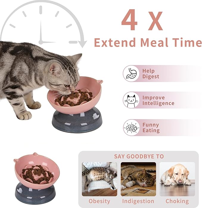 Elevated Slow Feeder Cat Bowl, 15° Tilted Ceramic Raised Cat Bowl for Indoor Cats, Anti Vomiting Design, Cute Cat Ear Heavy Base, Whisker Friendly Healthy Feeding Dish (Pink)