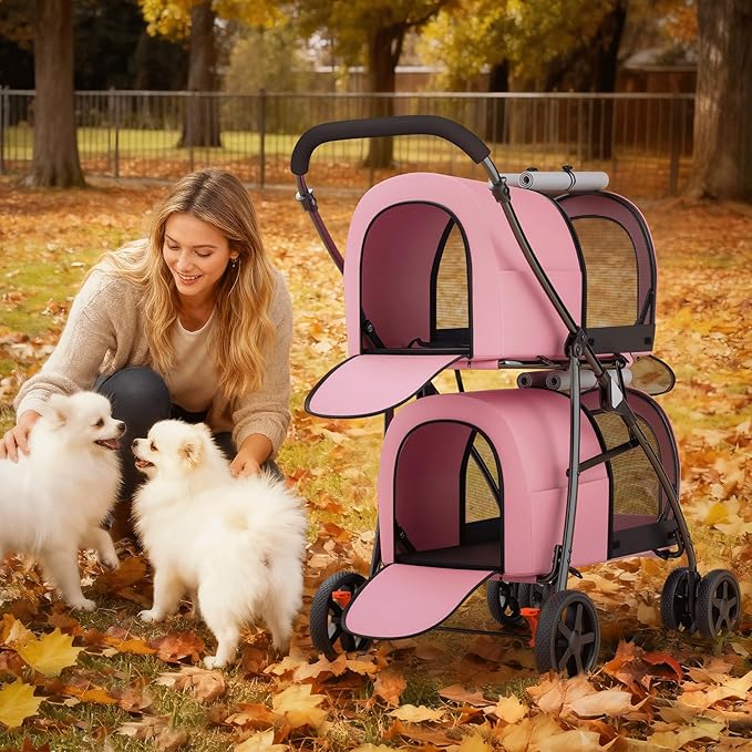 Magshion Double Dog Stroller with 2 Detachable Carrier Bags, 4-Wheel Folding Pet Travel Strolling Cart with Storage Pocket for Small-Medium Dogs & Cats Puppy, Pink Gray, Pink