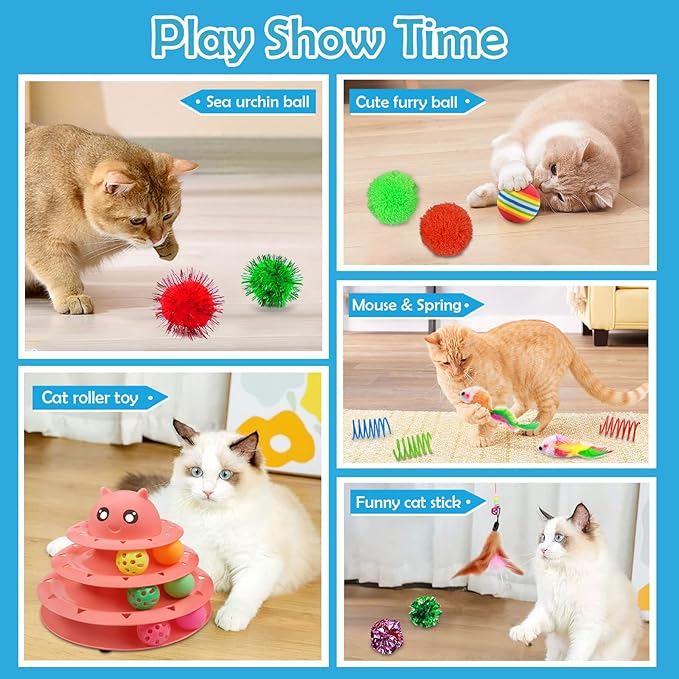 UPSKY 20 PCS Cat Toys - 3-Level Turntable Roller with Balls for Indoor Cats, Kitten Set with Teaser, Mice, Spring, and Various Ball Toys