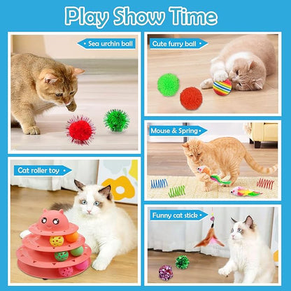 UPSKY 20 PCS Cat Toys - 3-Level Turntable Roller with Balls for Indoor Cats, Kitten Set with Teaser, Mice, Spring, and Various Ball Toys