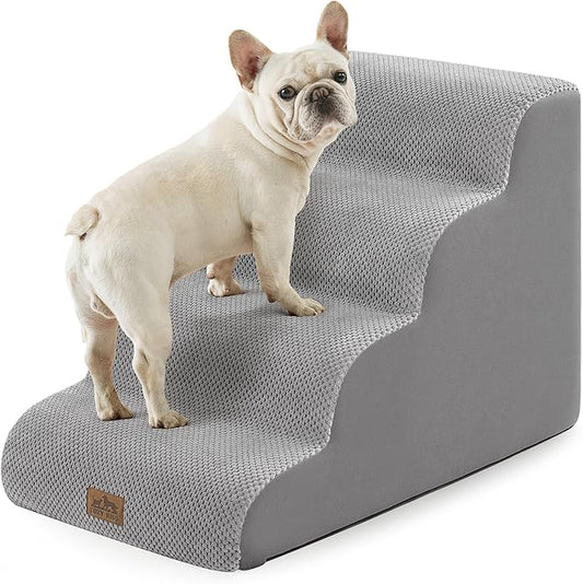 Wide Dog Stairs for Small Dog 19.7" H, Pet Step for Puppy, Older Cat, Curved Ramp for High Bed or Car, Stairs with High Density Foam, Lightweight, Durable, 4 Step, 17.7x28x19.7 inch, Grey