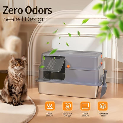 Enclosed XXXXL Stainless Steel Litter Box, 28" L x 20" W x 17" H, Side Entry Extra Large Metal Cat Litter Box with Lid for Big & Multiple Cats, Removable Enclosure, Anti-Leakage,Easy to Clean