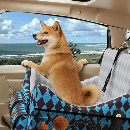 Dog Car Seat for Small/Medium Dogs up to 35lbs, 4-Pocket Storage Memory Foam Dog Booster Seat, Detachable Washable Pet Car Seat with Safety Belt, Outdoor & Indoor Use (Light Blue/Coffee)