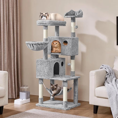 Yaheetech 64.5in Extra Large Multi-Level Cat Tree Kittens Play House Condo with Platform, Perch Hammock & Scratching Posts, Light Gray
