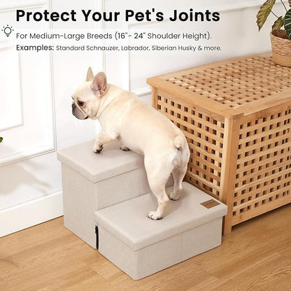 Love's cabin Dog Stairs with Storage 13" H, Foldable Pet Stairs for Small Medium or Large Dogs, Cat Puppy Steps Ramp with Zip up to 150 lbs, Beige, 2 Steps