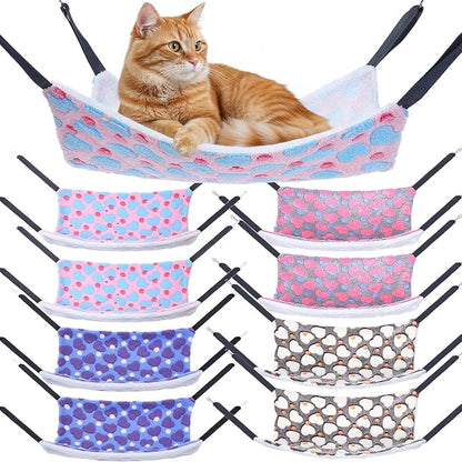 8 Pcs Cat Hammock for Cage, Pet Hammock Bed, Reversible Hanging Cat Hammocks Soft Bed, with Straps and Metal Hooks for Kitten Indoor Puppy Rabbits Feral Animals Shelters(Heart Style)