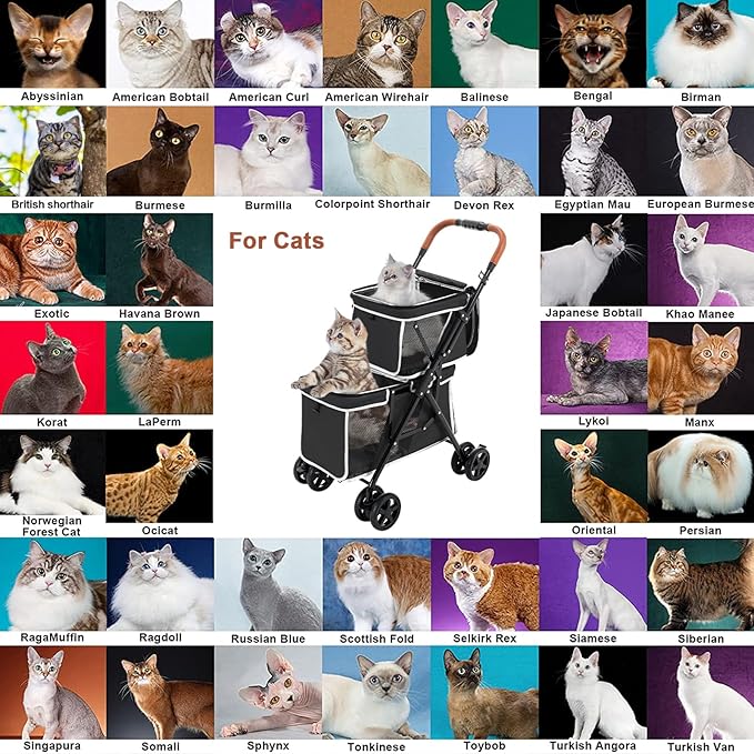 Double Pet Stroller for Dogs and Cats, One-Hand Folding Dog Stroller Travel Carriage for Small Medium Dogs Cats, 4 Wheels, Black