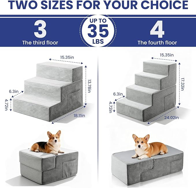 Dog Stairs for Small Dogs, 3-Step Dog Ramp for Bed 13.7" H, Dogs Steps for Bed, Couch, Pet Stairs with Non-Slip Bottom Design,High Density Foam Portable Pet Steps, Light Grey